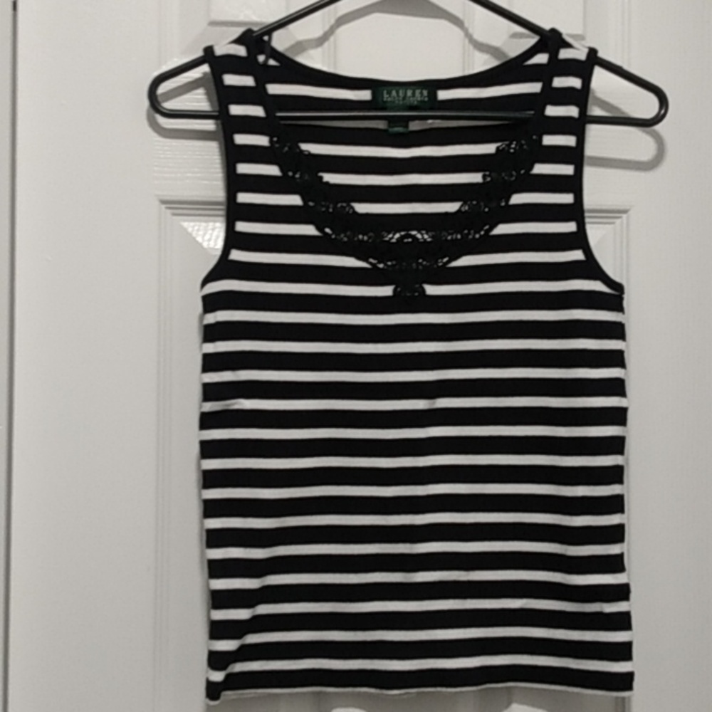 Like New, Ralph Lauren Nautical Stripe Crochet Lace Front Tank Top - Picture 4 of 13